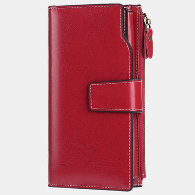 RFID Blocking Long Wallet Oil Wax Leather Phone Purse with Zipper Pocket - Red - image 17