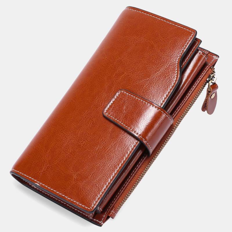 RFID Blocking Long Wallet Oil Wax Leather Phone Purse with Zipper Pocket - Chocolate - image 20