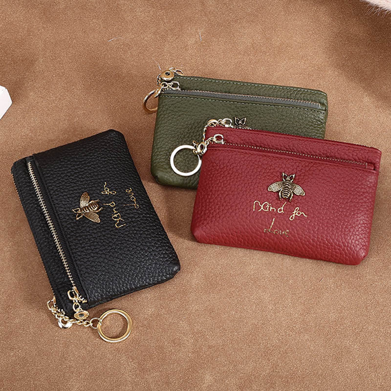 Genuine Leather Retro Bee Wallet Mini Zip Coin Purse with Keychain
