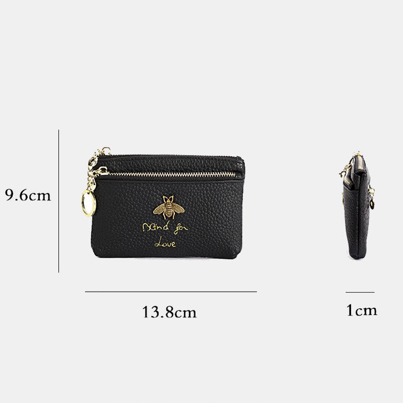 Genuine Leather Retro Bee Wallet Mini Zip Coin Purse with Keychain