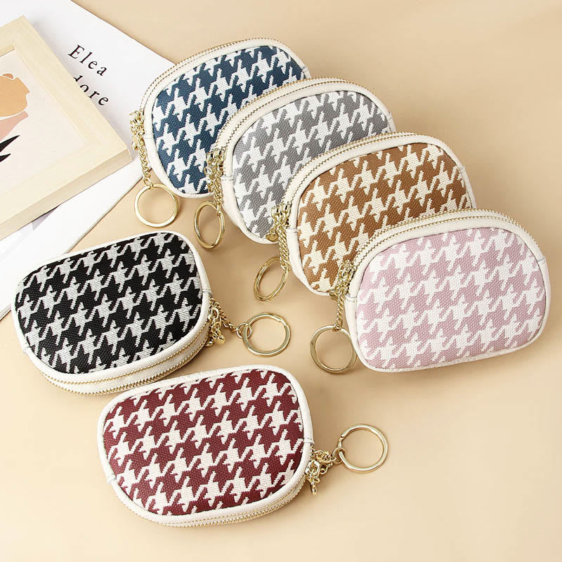 Genuine Leather Houndstooth Pattern Double Zip Coin Purse Wallet