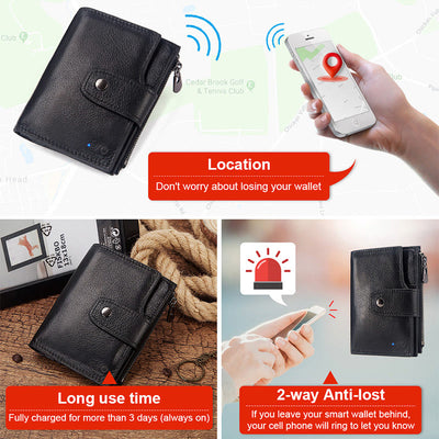 Intelligent Wallet Built-in Bluetooth RFID Blocking Trifold Leather Wallet