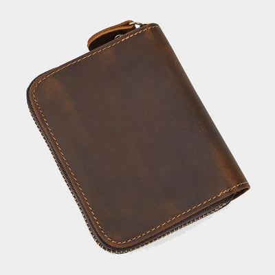 Cowhide Leather Trifold Zip Around Wallet Coin Purse Card Holder
