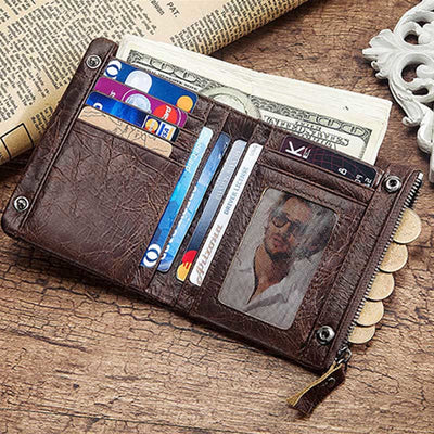 Men's Leather RFID Blocking Wallet with ID Window Zip Pocket