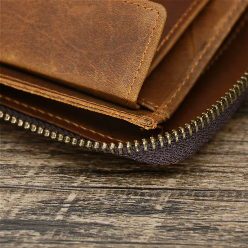 Bifold Genuine Leather Zipper Wallet Gentle Purse For Men Women