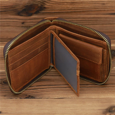 Bifold Genuine Leather Zipper Wallet Gentle Purse For Men Women