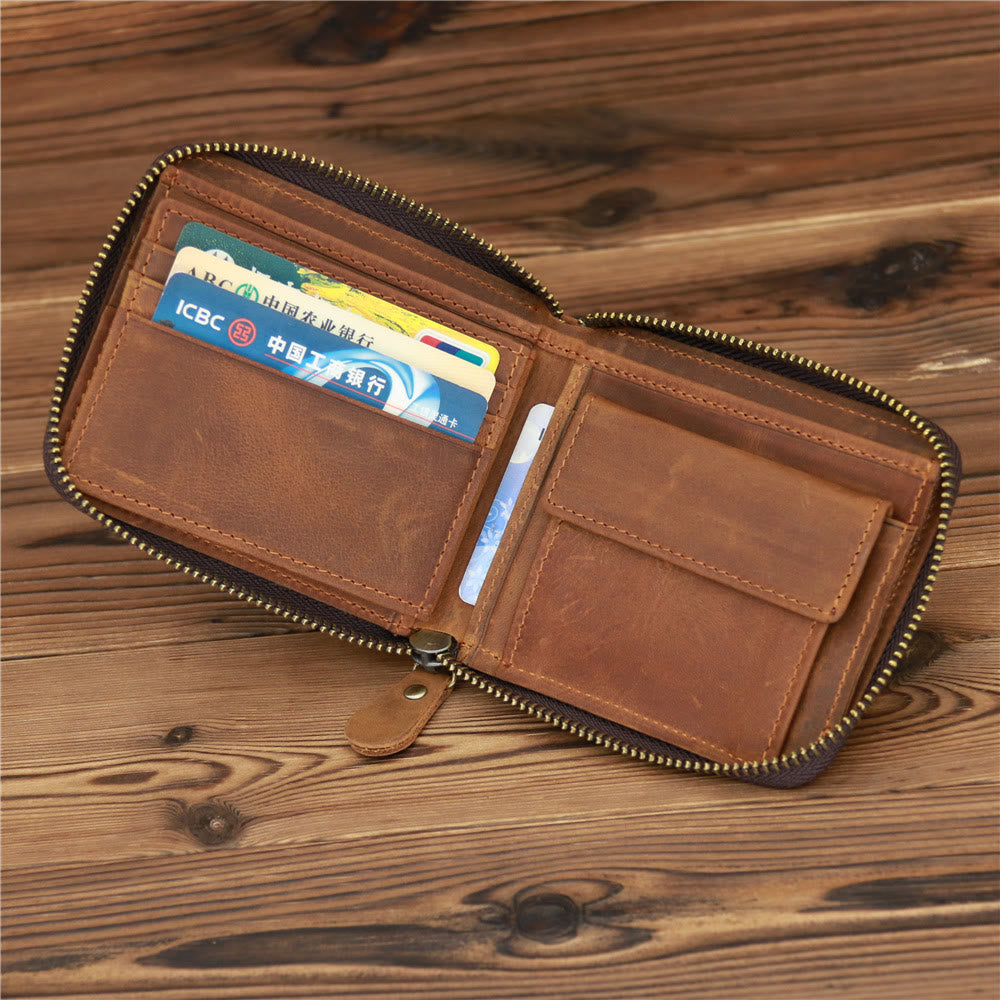 Bifold Genuine Leather Zipper Wallet Gentle Purse For Men Women