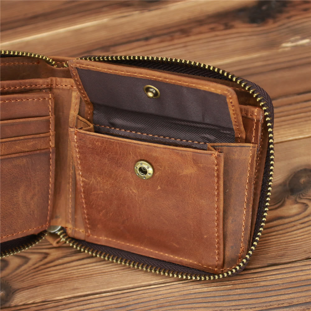 Bifold Genuine Leather Zipper Wallet Gentle Purse For Men Women