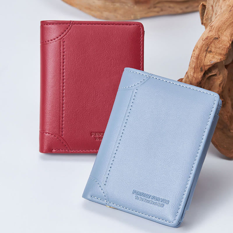 Faux Leather Trifold Compact Wallet for Women with Coin Pocket