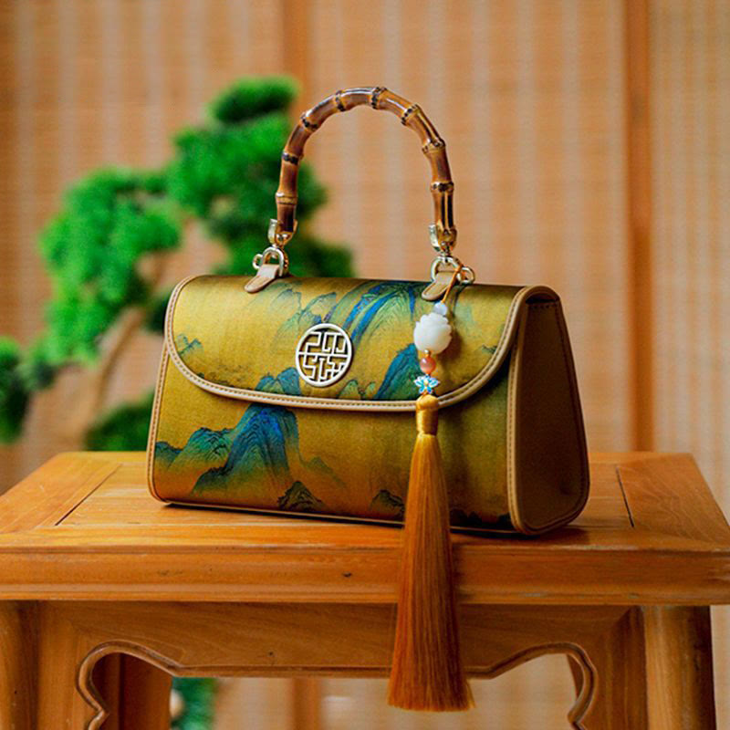 XiangYunSha Silk Mountains Painting Evening Bag with Bamboo Handle