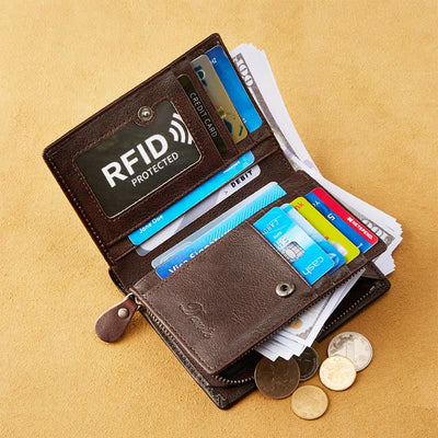 Retro RFID Blocking Bifold Leather Wallet for Men with Zipper Pocket