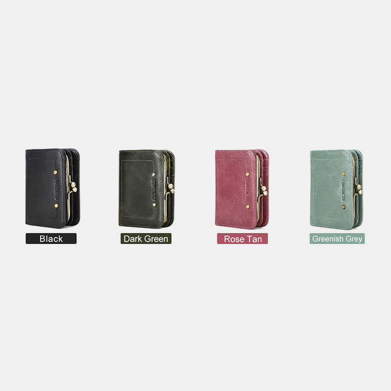 RFID Blocking Leather Trifold Wallet with Kiss-Locked Coin Pocket