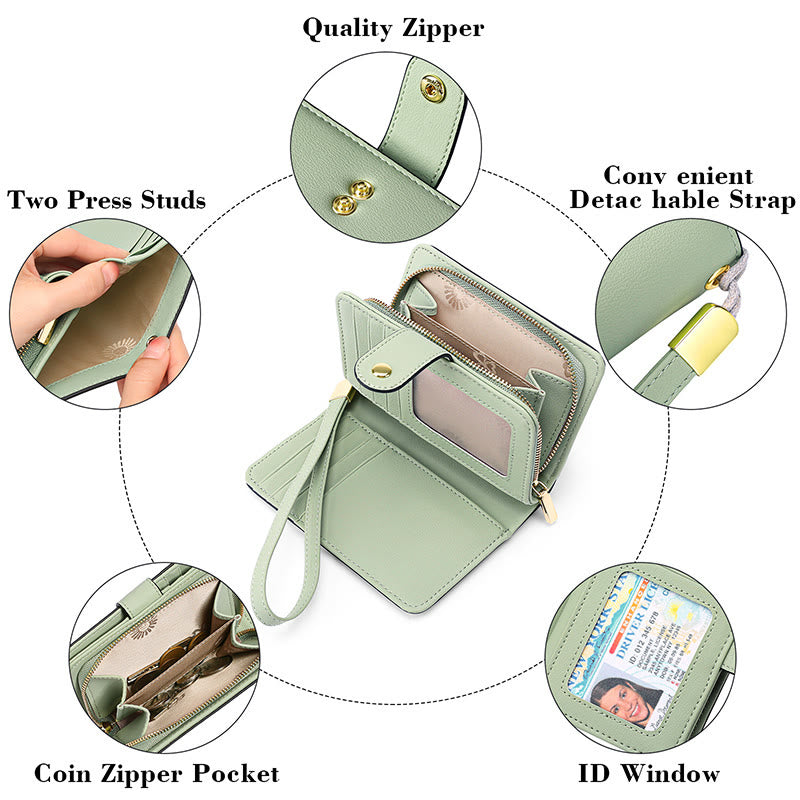 RFID Blocking Faux Leather Wallet for Women with Wrist Strap Zip Pocket