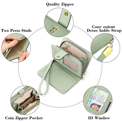 RFID Blocking Faux Leather Wallet for Women with Wrist Strap Zip Pocket