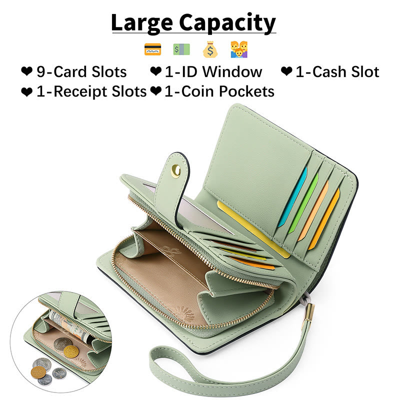 RFID Blocking Faux Leather Wallet for Women with Wrist Strap Zip Pocket