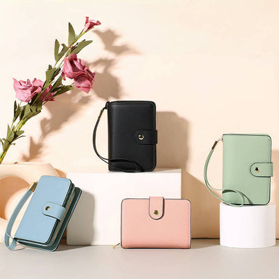 RFID Blocking Faux Leather Wallet for Women with Wrist Strap Zip Pocket