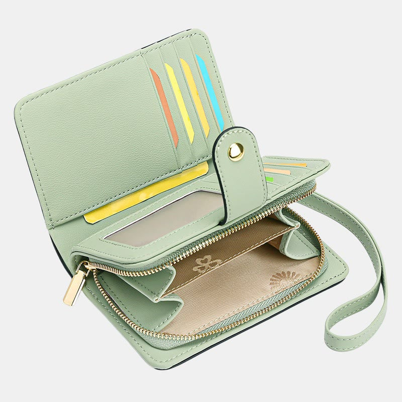 RFID Blocking Faux Leather Wallet for Women with Wrist Strap Zip Pocket