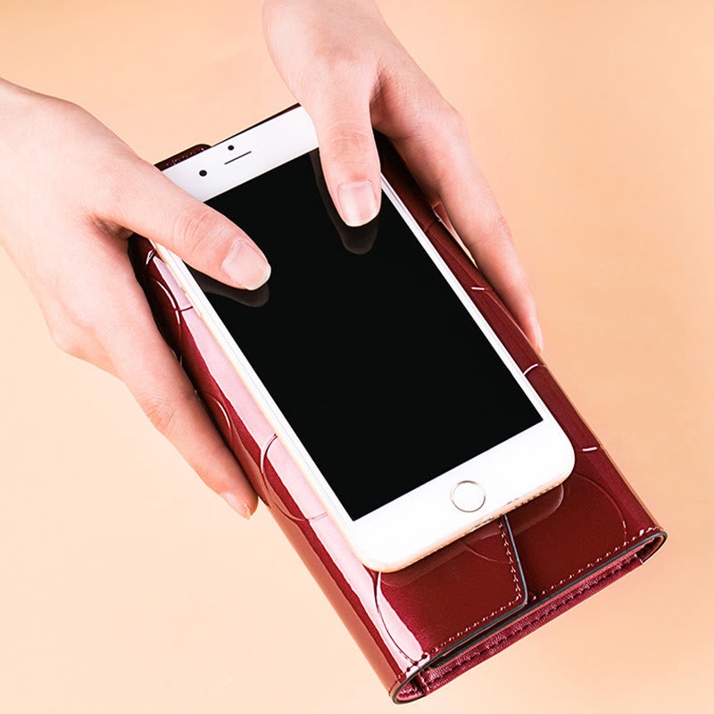 RFID Blocking Shellac Leather Long Wallet Clutch for Women