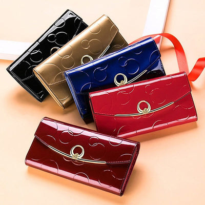 RFID Blocking Shellac Leather Long Wallet Clutch for Women