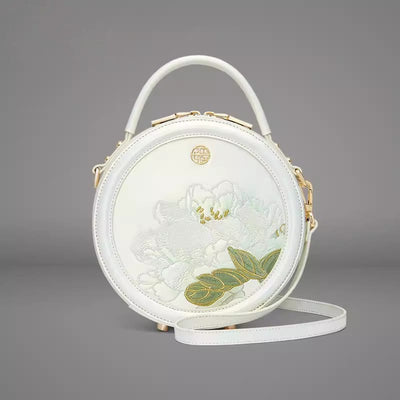 Luxury Golden Peony Embroidery Round Tote Bag Satchel
