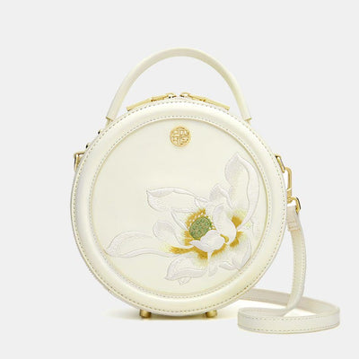 Luxury Golden Peony Embroidery Round Tote Bag Satchel