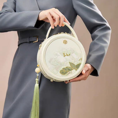 Luxury Golden Peony Embroidery Round Tote Bag Satchel