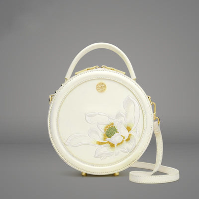 Luxury Golden Peony Embroidery Round Tote Bag Satchel
