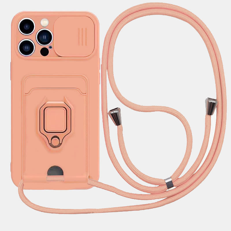 Phone Case Lanyard Case for iPhone with Card Slot Slide Camera Lens Protector