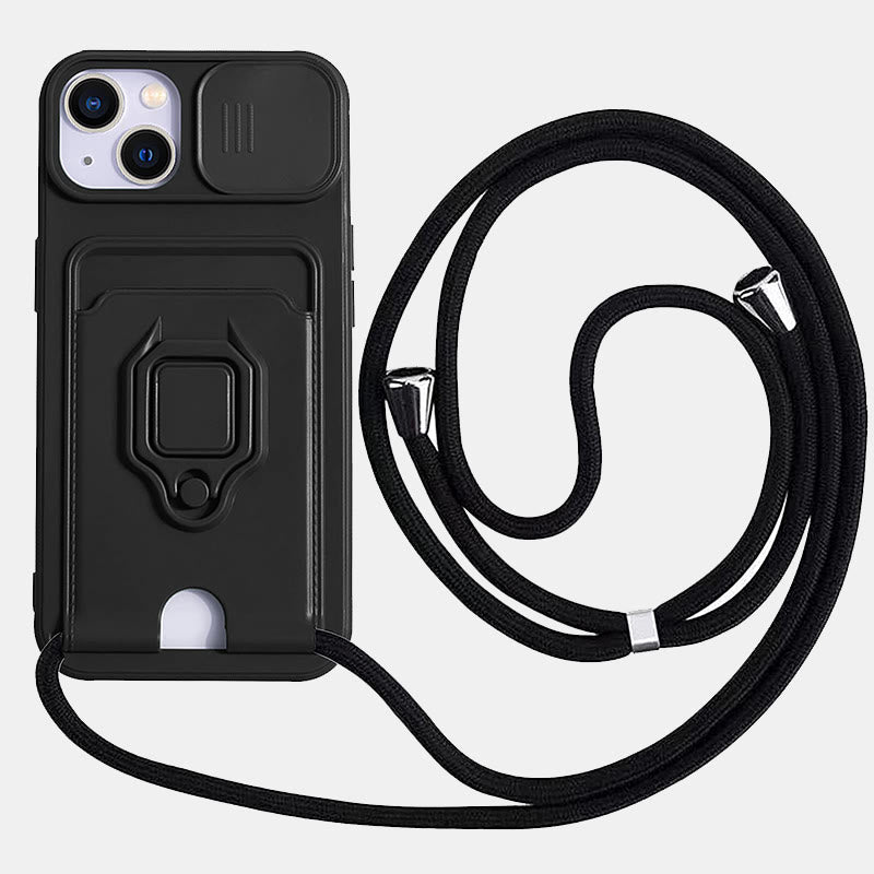 Phone Case Lanyard Case for iPhone with Card Slot Slide Camera Lens Protector