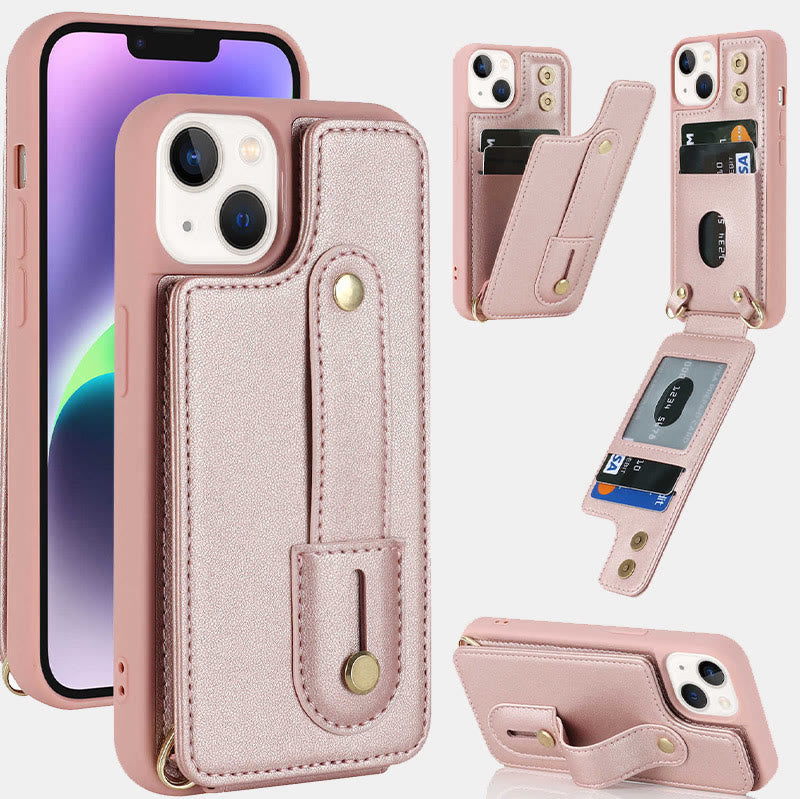 Faux Leather Phone Wallet Case for iPhone with Crossbody Strap