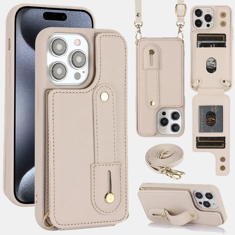Faux Leather Phone Wallet Case for iPhone with Crossbody Strap