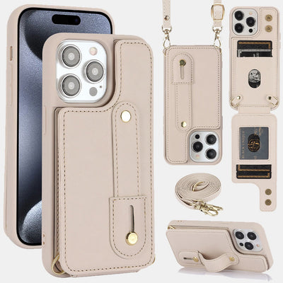 Faux Leather Phone Wallet Case for iPhone with Crossbody Strap