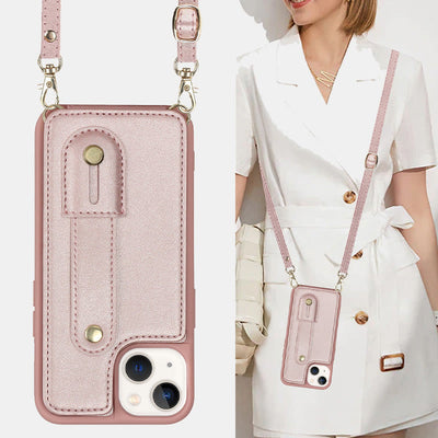 Faux Leather Phone Wallet Case for iPhone with Crossbody Strap