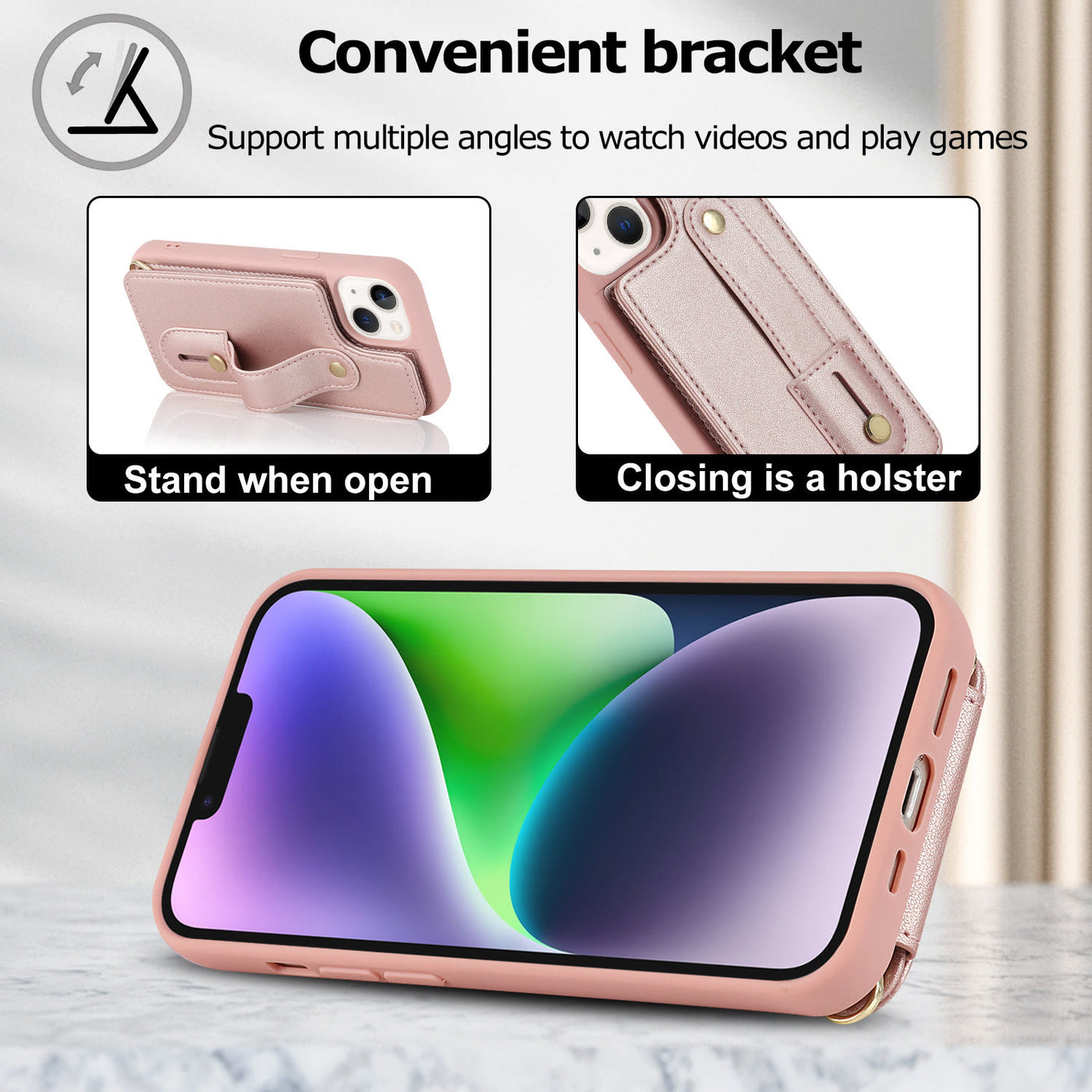 Faux Leather Phone Wallet Case for iPhone with Crossbody Strap