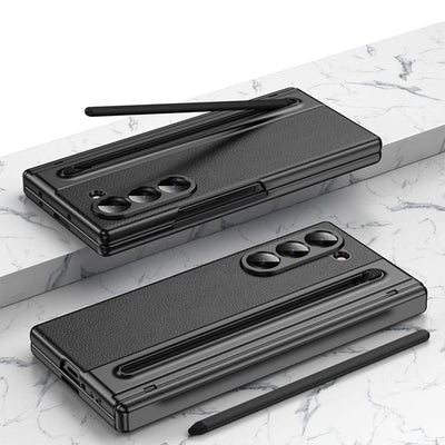 Lychee Leather Samsung Z Fold Phone Case with S-Pen Slot Screen Protector