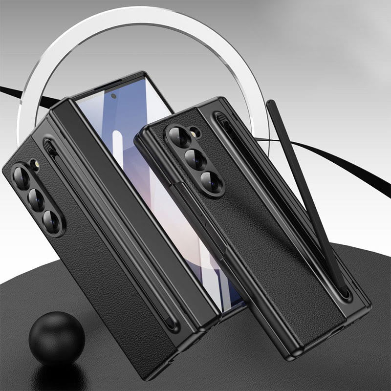 Lychee Leather Samsung Z Fold Phone Case with S-Pen Slot Screen Protector