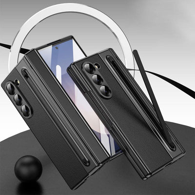 Lychee Leather Samsung Z Fold Phone Case with S-Pen Slot Screen Protector
