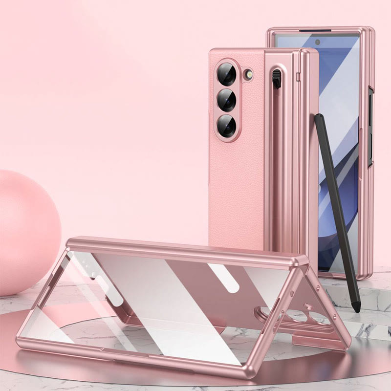 Lychee Leather Samsung Z Fold Phone Case with S-Pen Slot Screen Protector