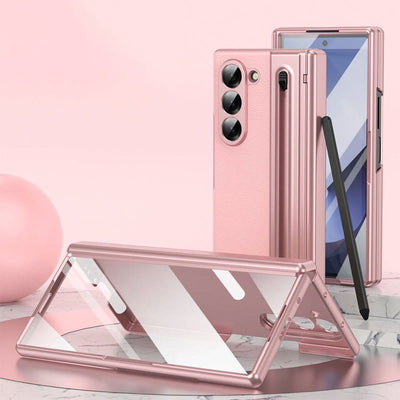 Lychee Leather Samsung Z Fold Phone Case with S-Pen Slot Screen Protector
