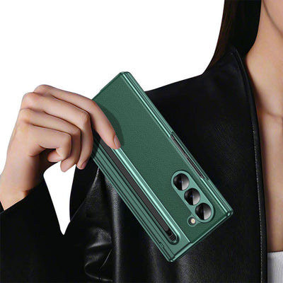 Lychee Leather Samsung Z Fold Phone Case with S-Pen Slot Screen Protector