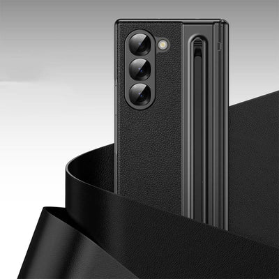 Lychee Leather Samsung Z Fold Phone Case with S-Pen Slot Screen Protector