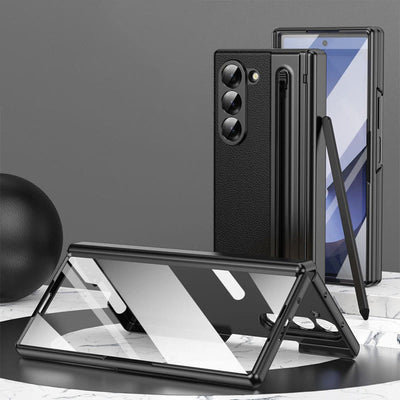 Lychee Leather Samsung Z Fold Phone Case with S-Pen Slot Screen Protector
