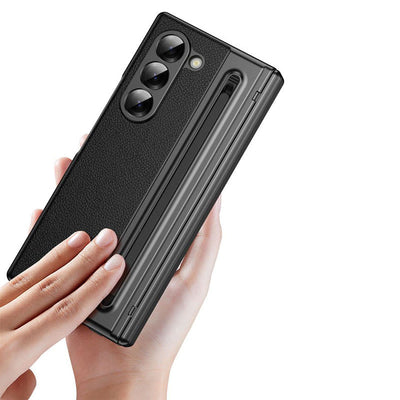 Lychee Leather Samsung Z Fold Phone Case with S-Pen Slot Screen Protector