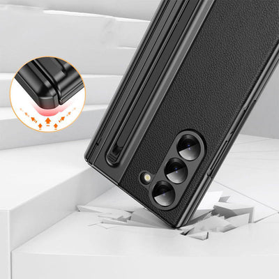 Lychee Leather Samsung Z Fold Phone Case with S-Pen Slot Screen Protector