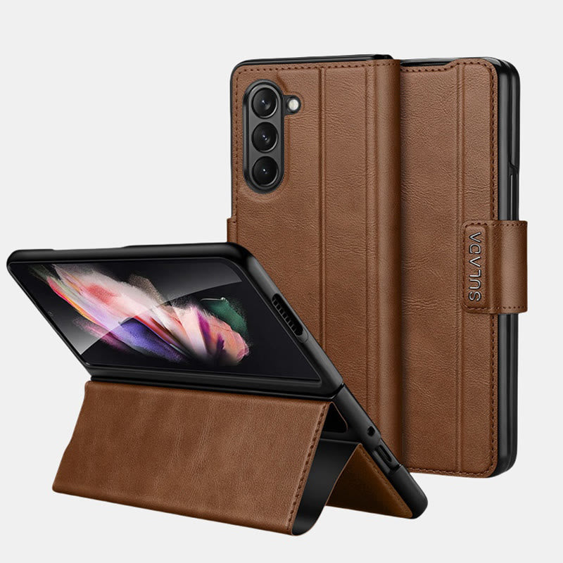 Faux Leather Phone Case for Galaxy Z Fold 2/3/4/5/6 with Kickstand Hinge Prctection