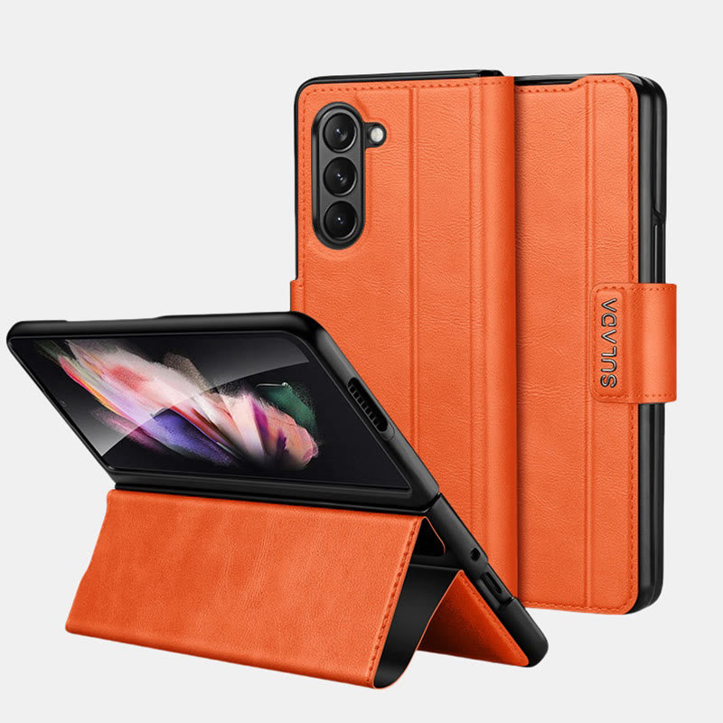 Faux Leather Phone Case for Galaxy Z Fold 2/3/4/5/6 with Kickstand Hinge Prctection