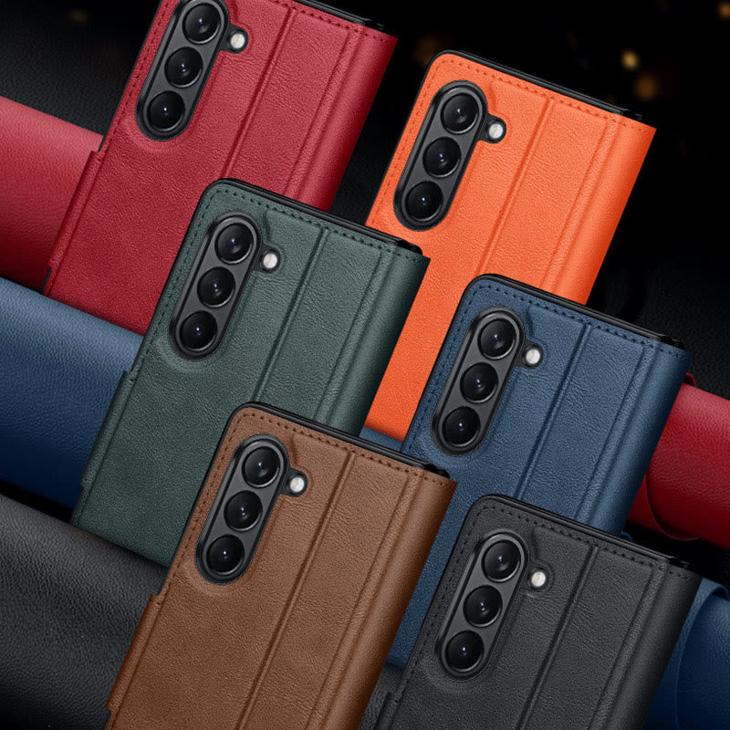 Faux Leather Phone Case for Galaxy Z Fold 2/3/4/5/6 with Kickstand Hinge Prctection