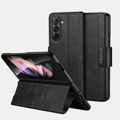 Faux Leather Phone Case for Galaxy Z Fold 2/3/4/5/6 with Kickstand Hinge Prctection