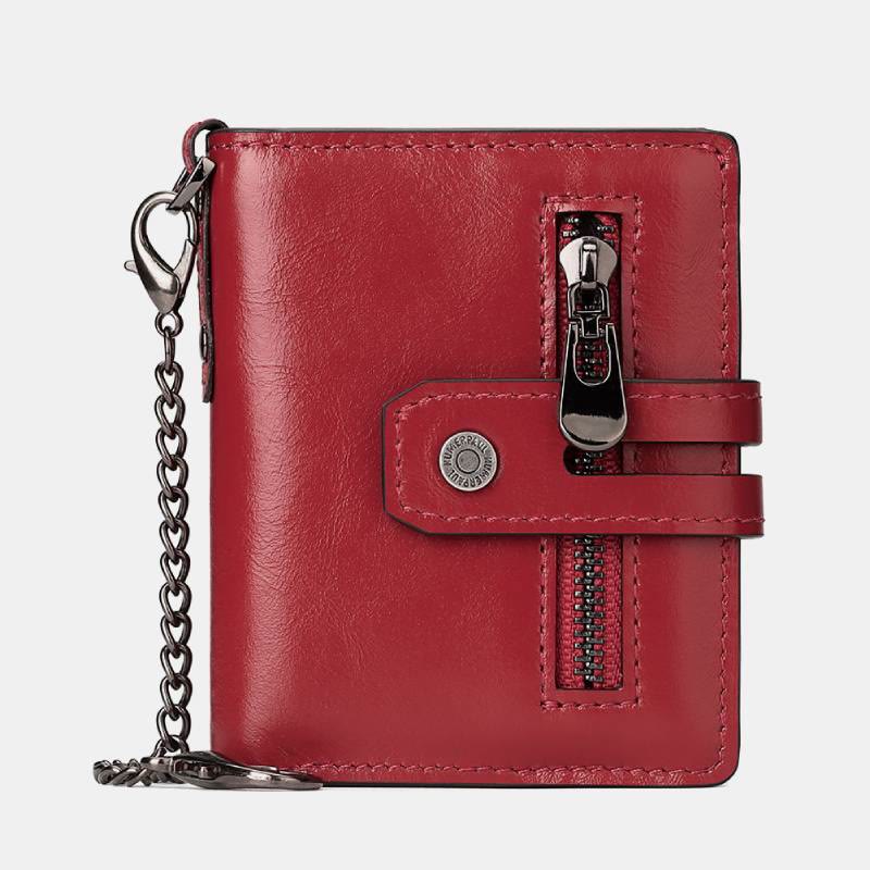 RFID Genuine Leather Business Short Wallet With Chain