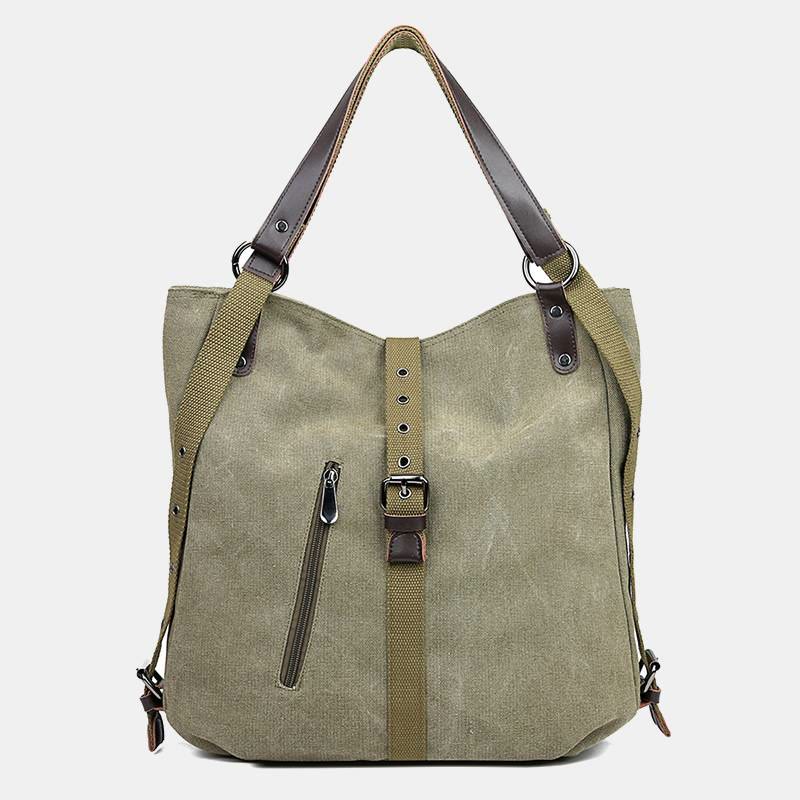 Large Capacity Multifunctional Retro Tote Bag Convertible Backpack - DarkKhaki - image 14